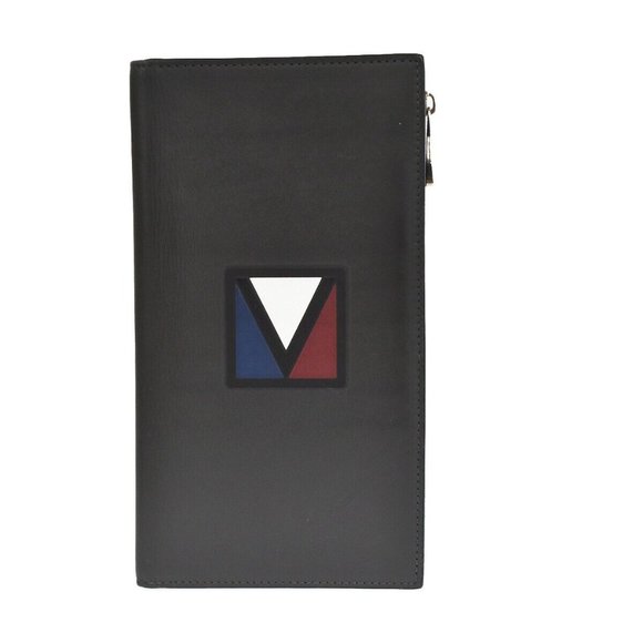 LOUIS VUITTON V line Zip Long ZBifold Wallet Leather Black Blue M61251 61SH086 - Picture 1 of 11